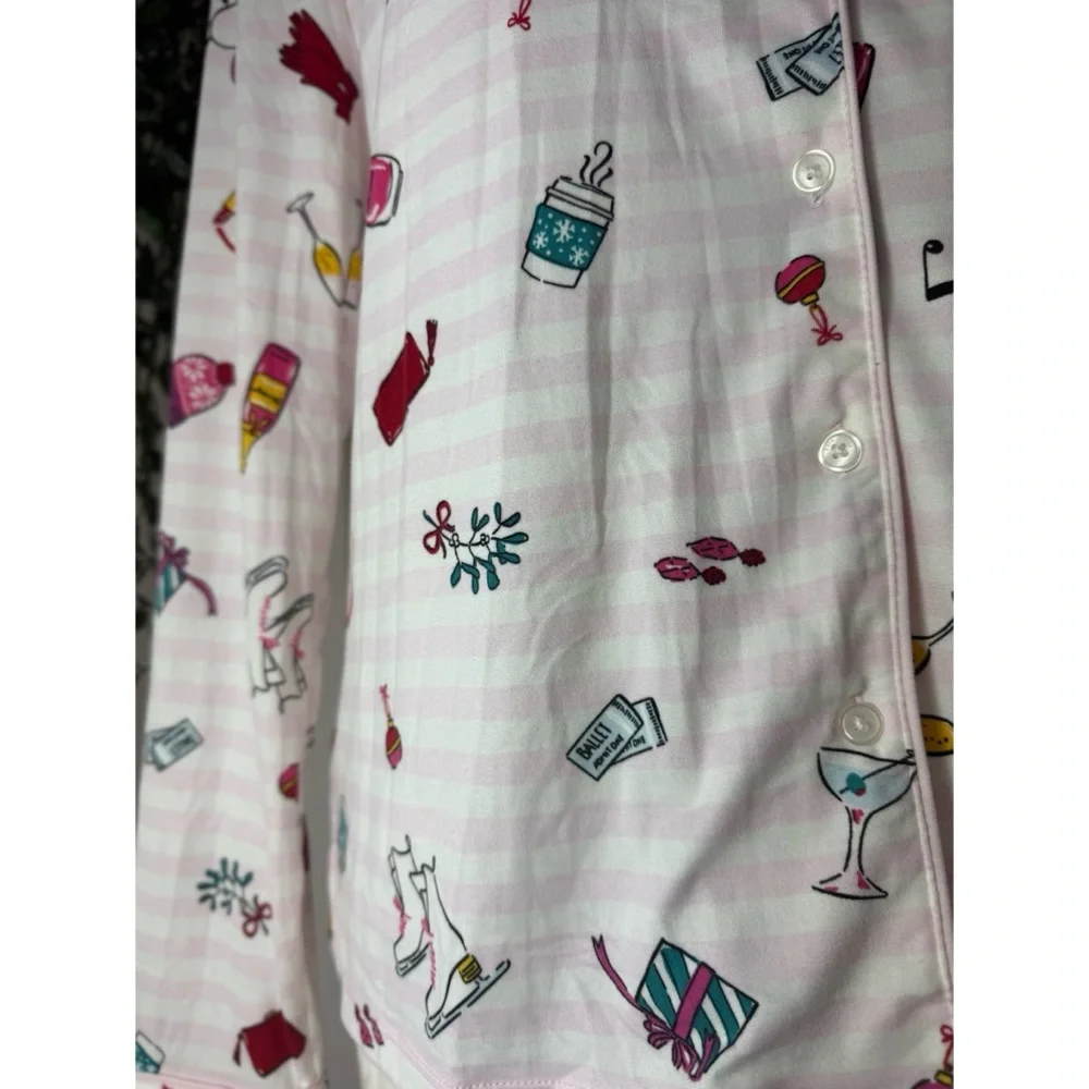Kate Spade Holiday Cheer Pink White Stripe Button Front PJ Top Size Small